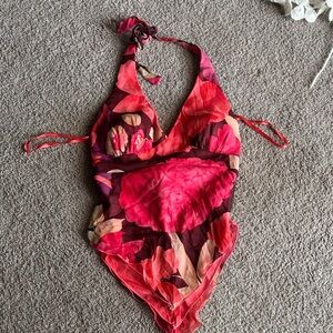 Y2K cache Red and Pink Floral halter top size 2 women’s